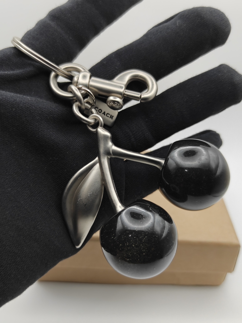 Coach Silver Cherry Keychain with Black Enamel Cherries